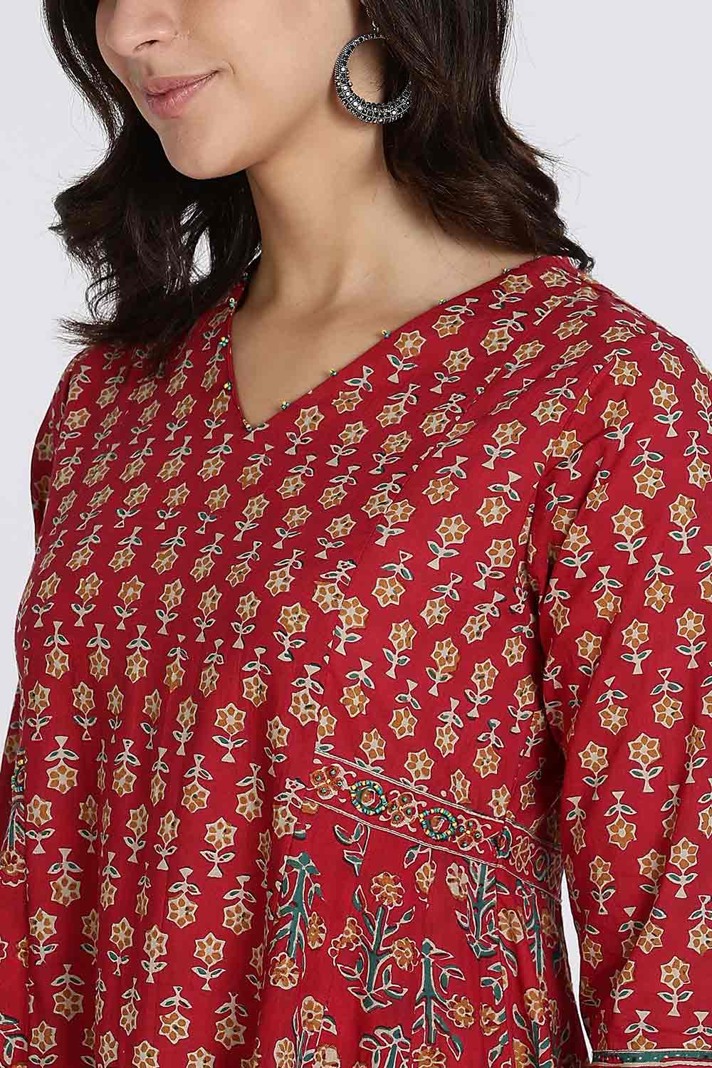 Mythri Women’s Anarkali Kurthi Set | 3-Piece Cotton Cambric with Pants & Dupatta | Floral Block Print - Red - K002