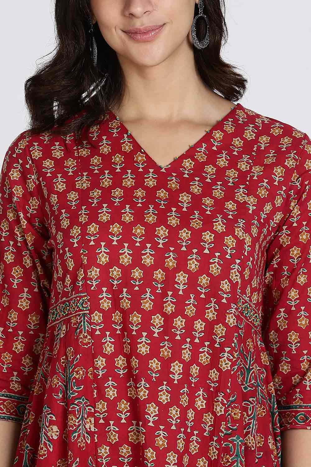 Mythri Women’s Anarkali Kurthi Set | 3-Piece Cotton Cambric with Pants & Dupatta | Floral Block Print - Red - K002