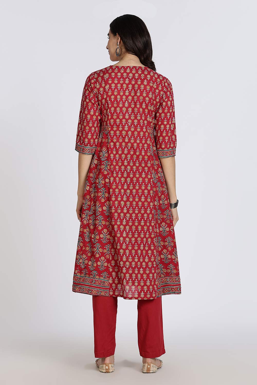 Mythri Women’s Anarkali Kurthi Set | 3-Piece Cotton Cambric with Pants & Dupatta | Floral Block Print - Red - K002