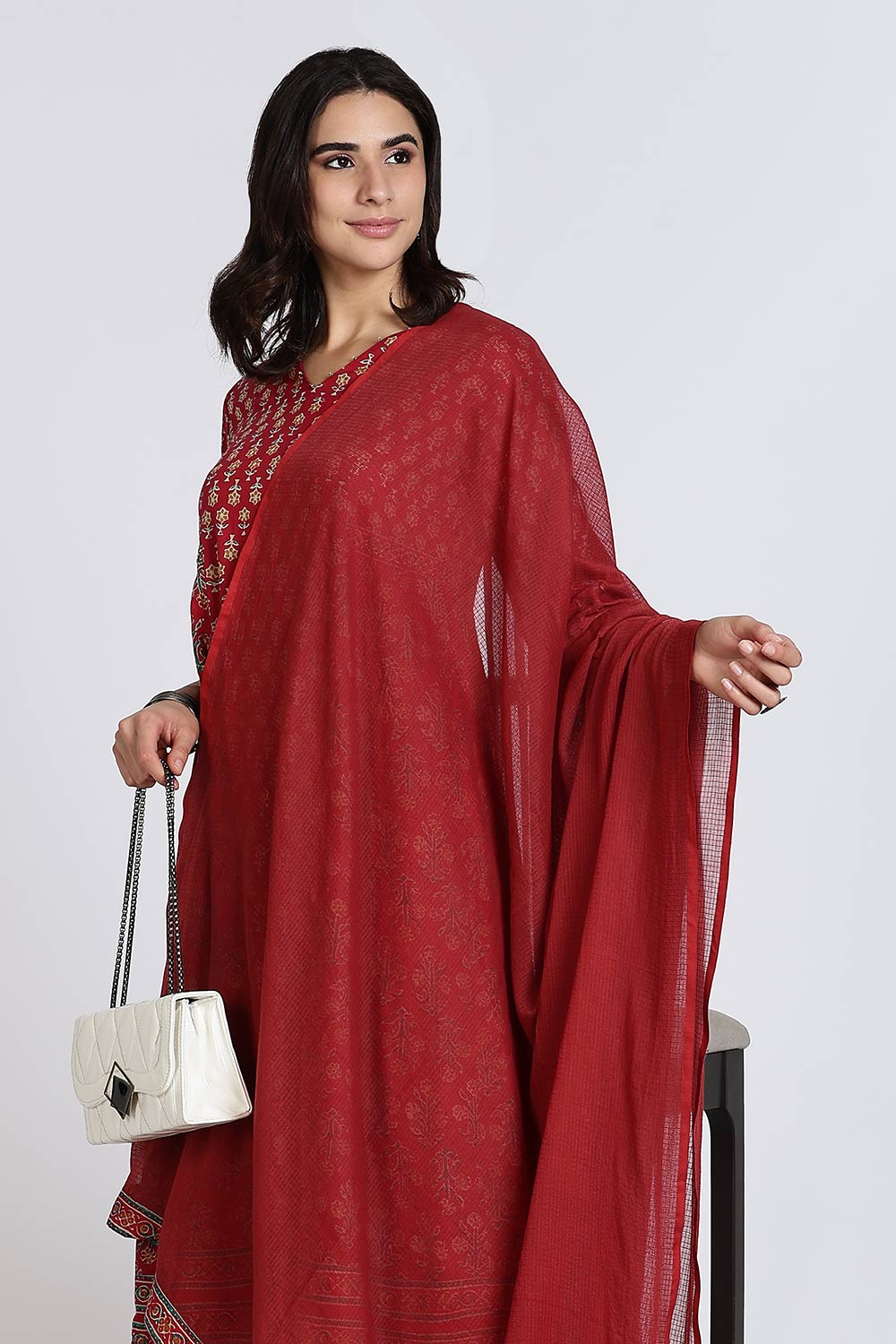 Mythri Women’s Anarkali Kurthi Set | 3-Piece Cotton Cambric with Pants & Dupatta | Floral Block Print - Red - K002