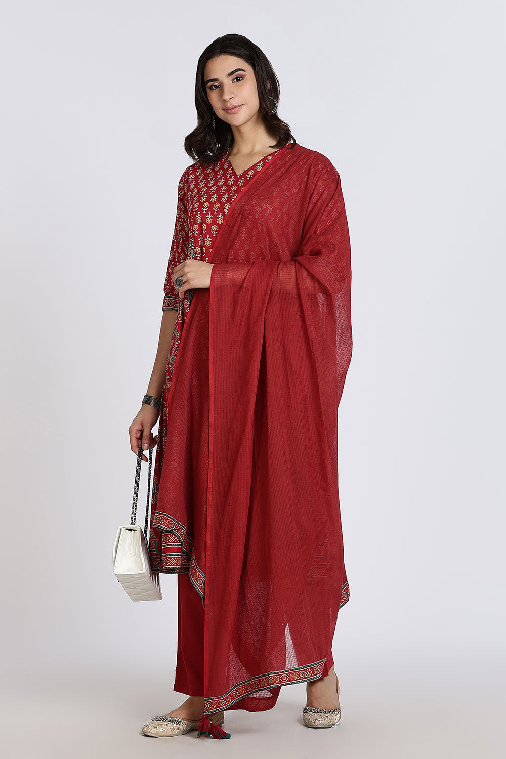 Mythri Women’s Anarkali Kurthi Set | 3-Piece Cotton Cambric with Pants & Dupatta | Floral Block Print - Red - K002