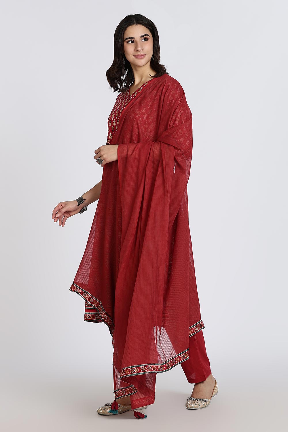 Mythri Women’s Anarkali Kurthi Set | 3-Piece Cotton Cambric with Pants & Dupatta | Floral Block Print - Red - K002