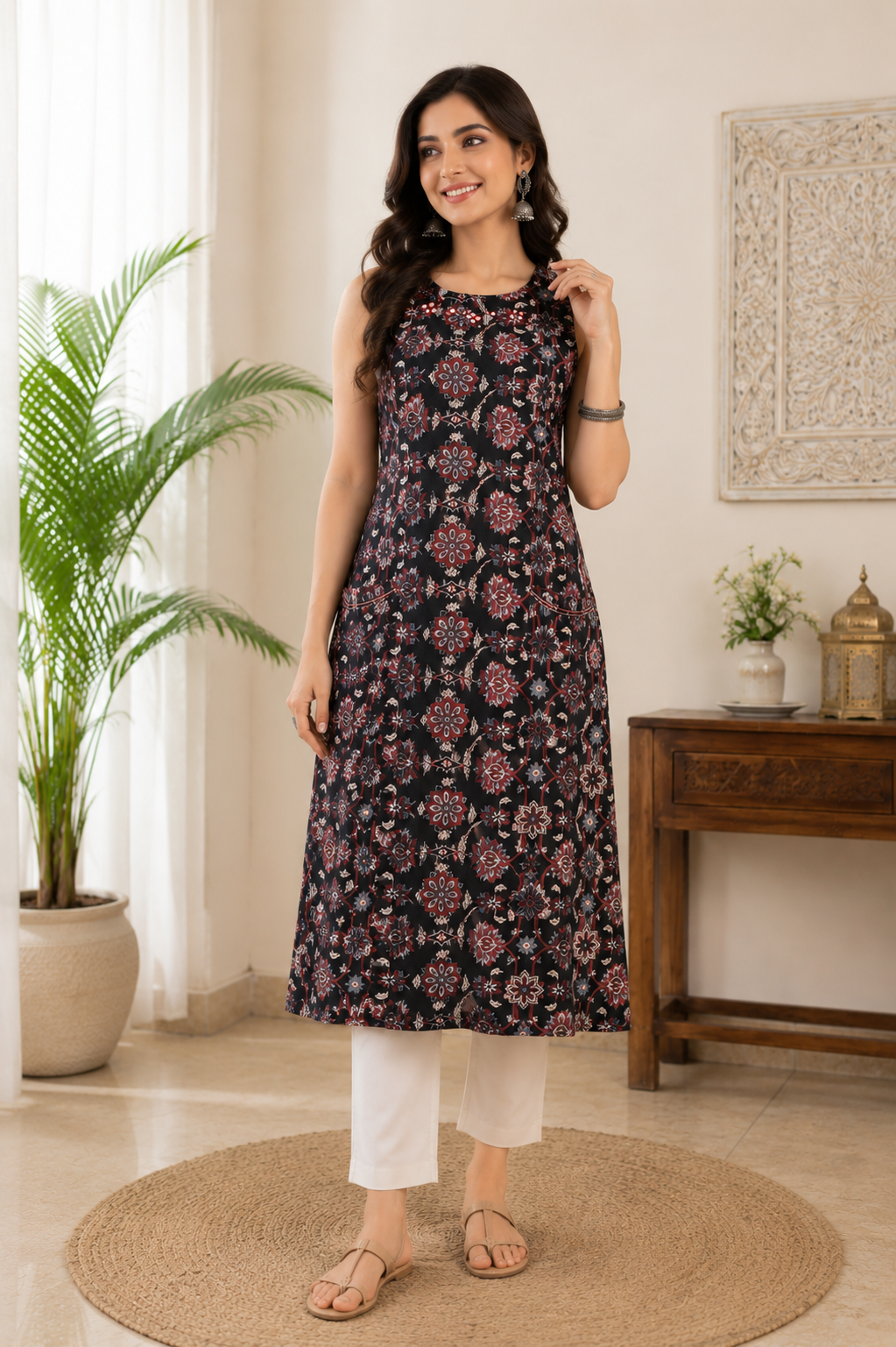 Mythri Women's Cotton Sleeveless Embroidered Kurti | Close Neck Straight Kurti with Patch Pocket | Casual, Office & Everyday Ethnic Wear - K111