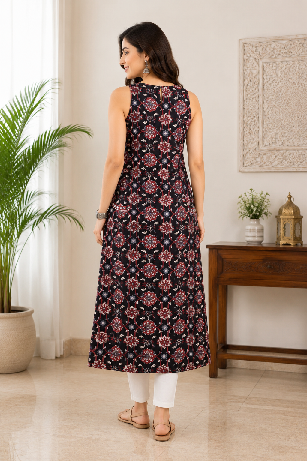 Mythri Women's Cotton Sleeveless Embroidered Kurti | Close Neck Straight Kurti with Patch Pocket | Casual, Office & Everyday Ethnic Wear - K111