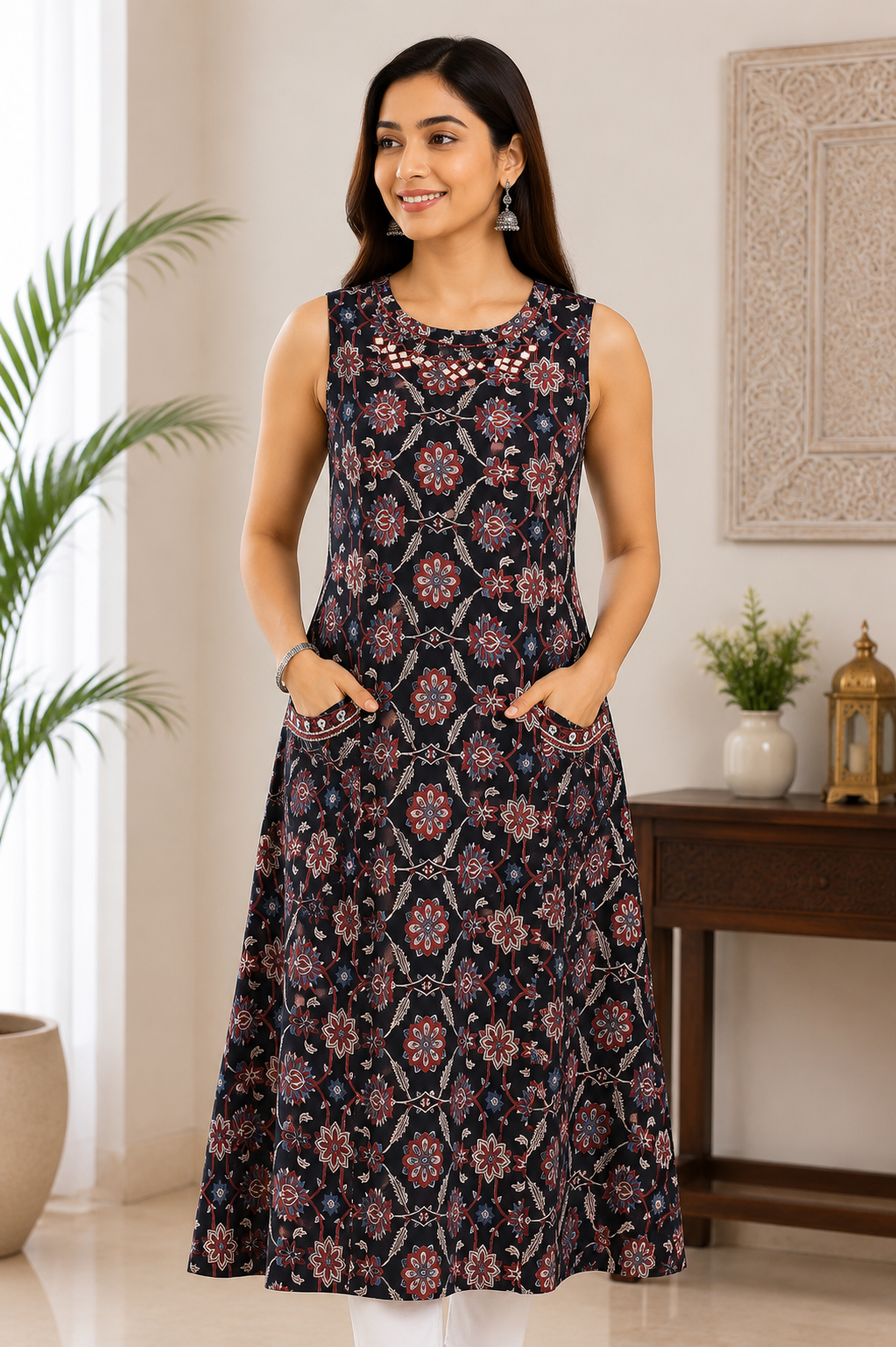 Mythri Women's Cotton Sleeveless Embroidered Kurti | Close Neck Straight Kurti with Patch Pocket | Casual, Office & Everyday Ethnic Wear - K111