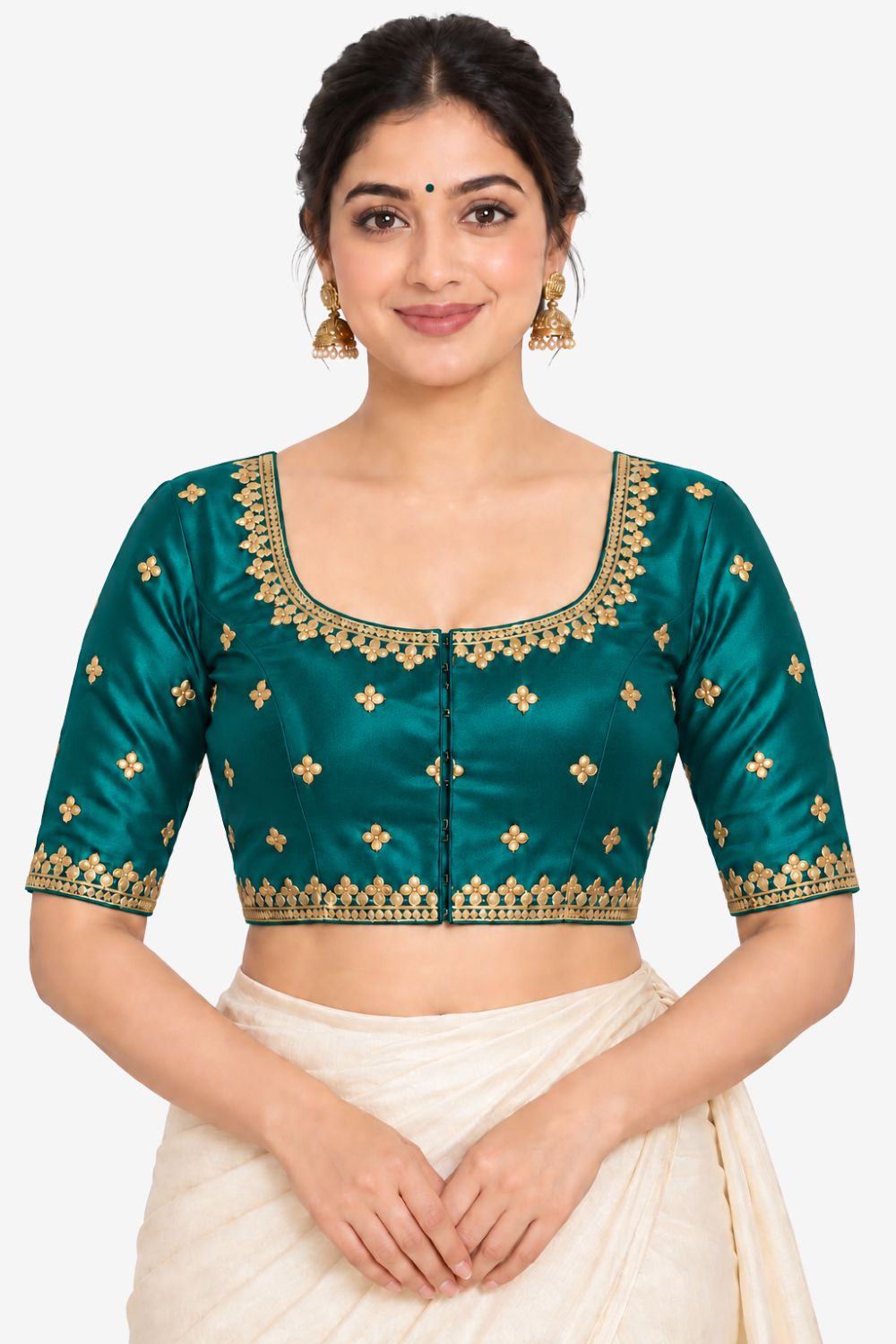 Women's Embroidery Silk Blend Saree Blouse with Round Neck Neckline and Elbow Sleeve - Regular | Ready-to-Wear Saree Blouse for Daily Wear, Festive Wear, Office Wear, Special Occasions - L963