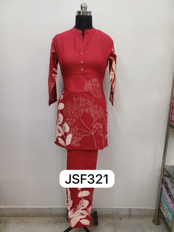 Women’s Cotton Blend Kurta Set | Regular Fit Daily Wear Printed Co-Ord Set with Mandarin Collar & 3/4 Sleeves – Comfortable Woven Fabric Ethnic Wear for Women - Red - F321
