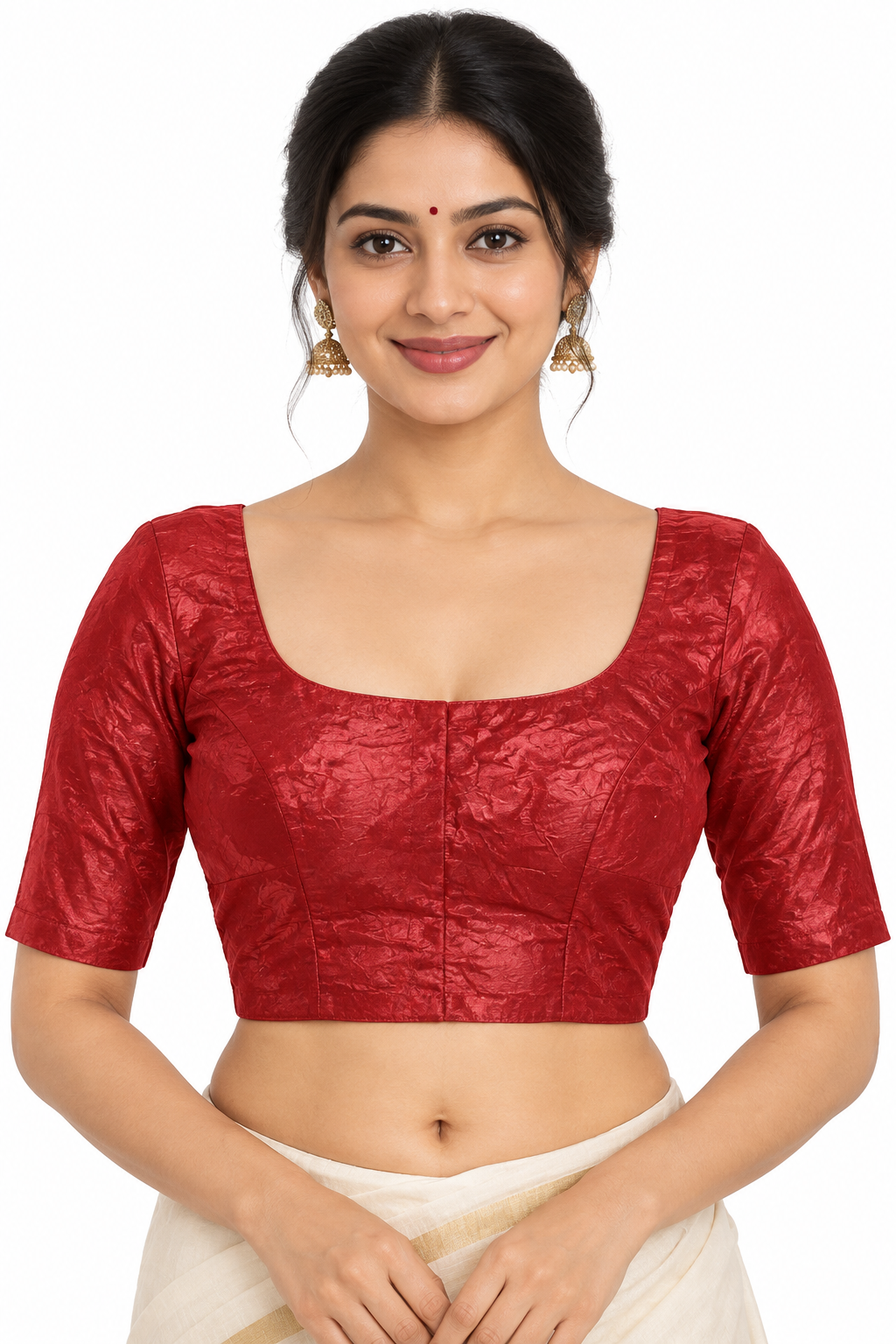 Women’s Padded Space Silk Princess Cut Readymade Saree Blouse | Front Open Round Neck Elbow Sleeve Blouse with Back Knot - 1121