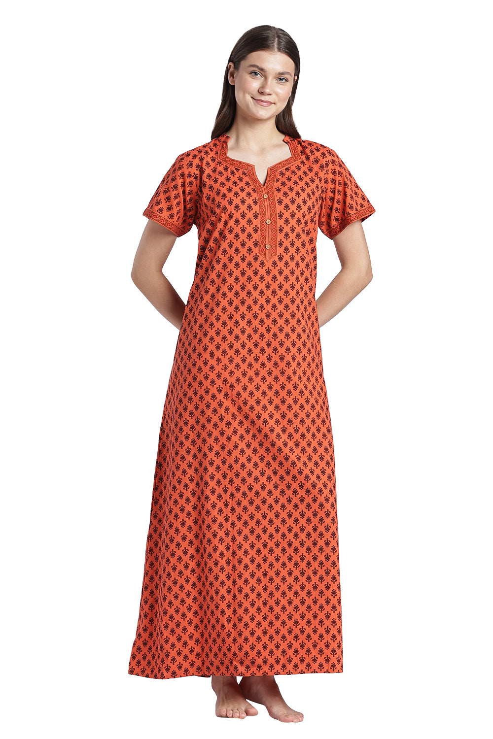 Naidu Hall Women’s Printed Cotton Nighty | Floral Block Print V-Neck Night Dress with Short Sleeves | Relaxed Fit Daily Wear & Sleepwear
- NB50