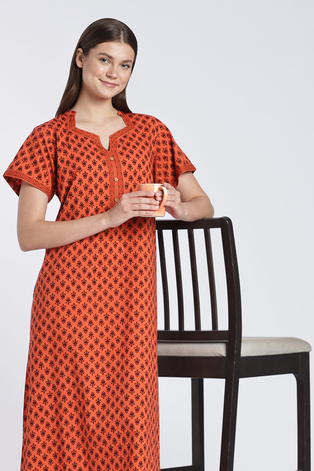 Naidu Hall Women’s Printed Cotton Nighty | Floral Block Print V-Neck Night Dress with Short Sleeves | Relaxed Fit Daily Wear & Sleepwear
- NB50