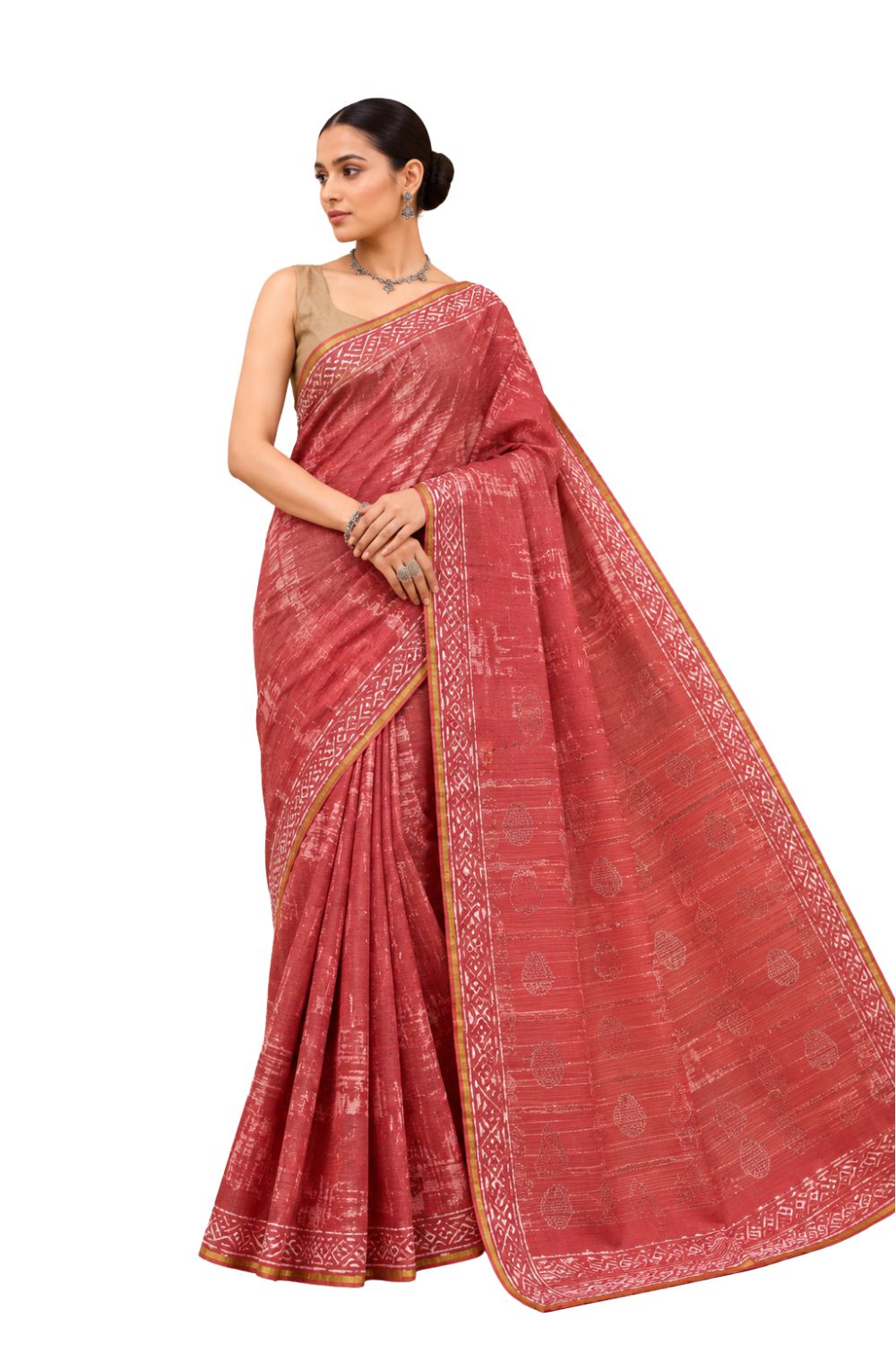 Naidu Hall Women's Rust Chanderi Print Cotton Blend Saree with Blouse | Lightweight Ethnic Wear Saree - WS09