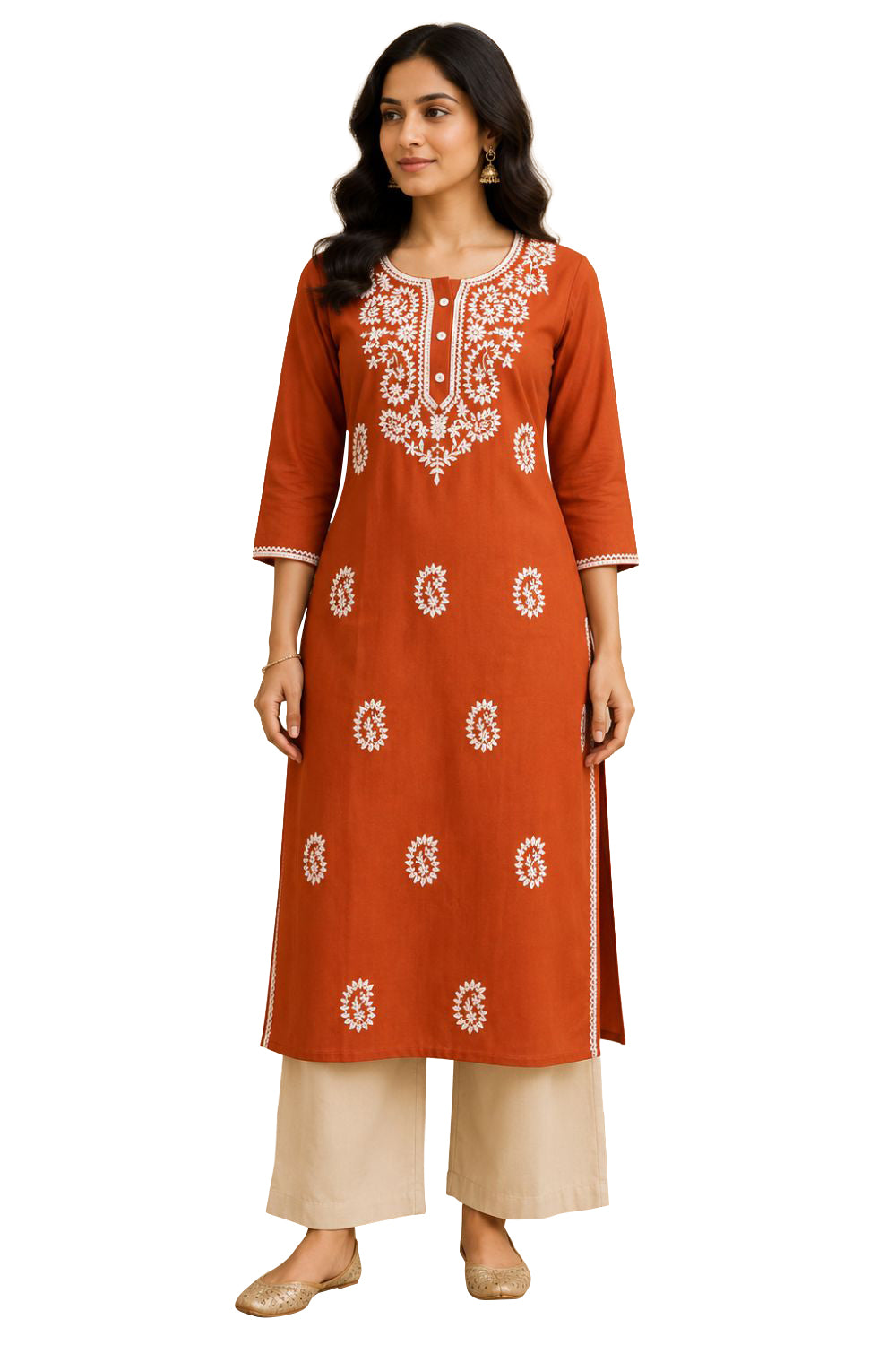 Women's Cotton Blend Embroidered Kurti | Round Neck 3/4 Sleeve Below Knee Kurti for Women | Regular Fit Ethnic Daily Wear Kurta - JS51