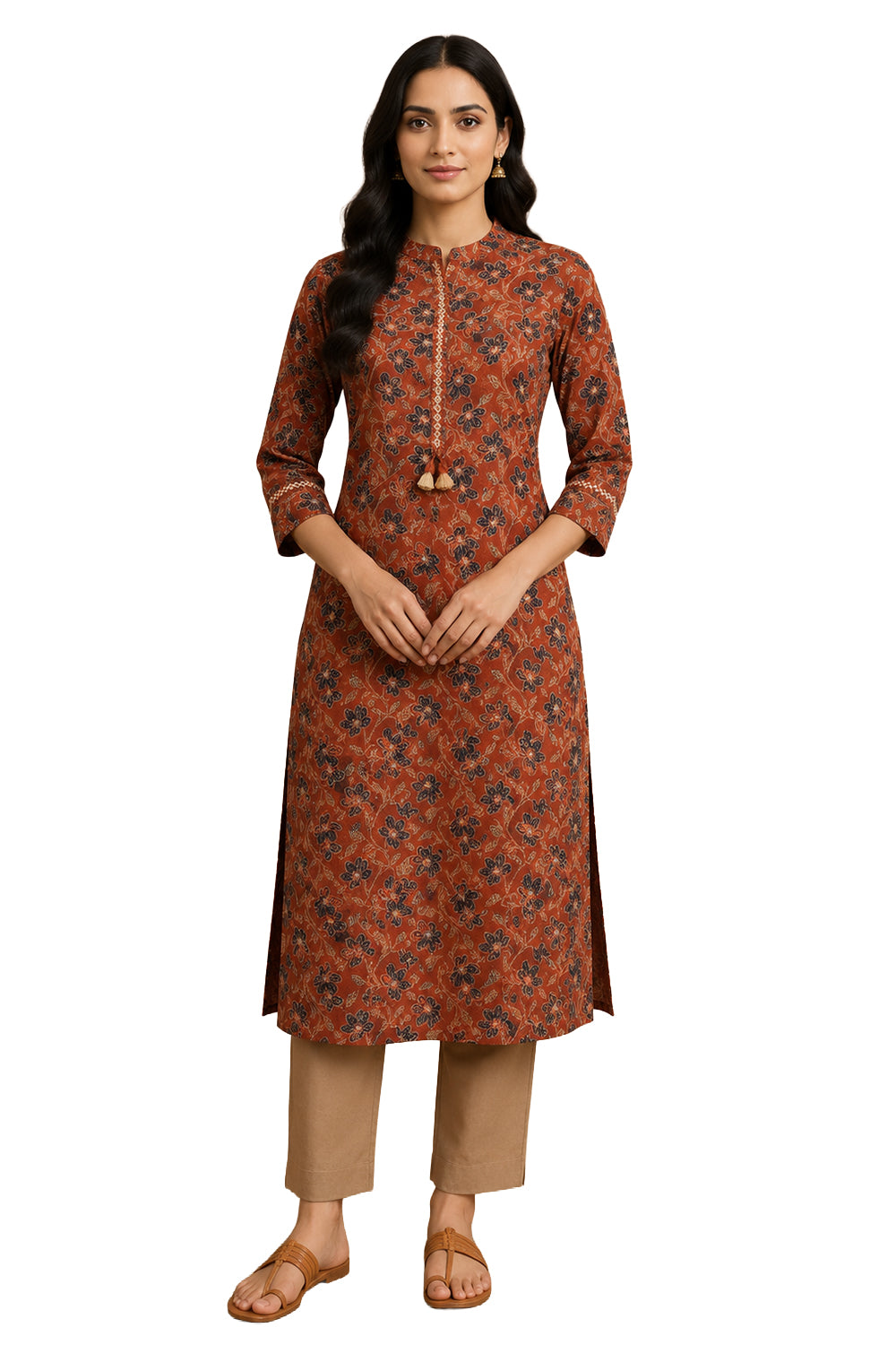 Women's Cotton Blend Printed Kurti | Mandarin Collar 3/4 Sleeve Below Knee Kurti for Women | Regular Fit Ethnic Daily Wear Kurta - JS52