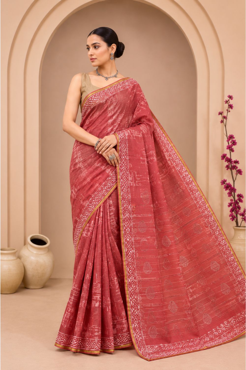 Naidu Hall Women's Rust Chanderi Print Cotton Blend Saree with Blouse | Lightweight Ethnic Wear Saree - WS09