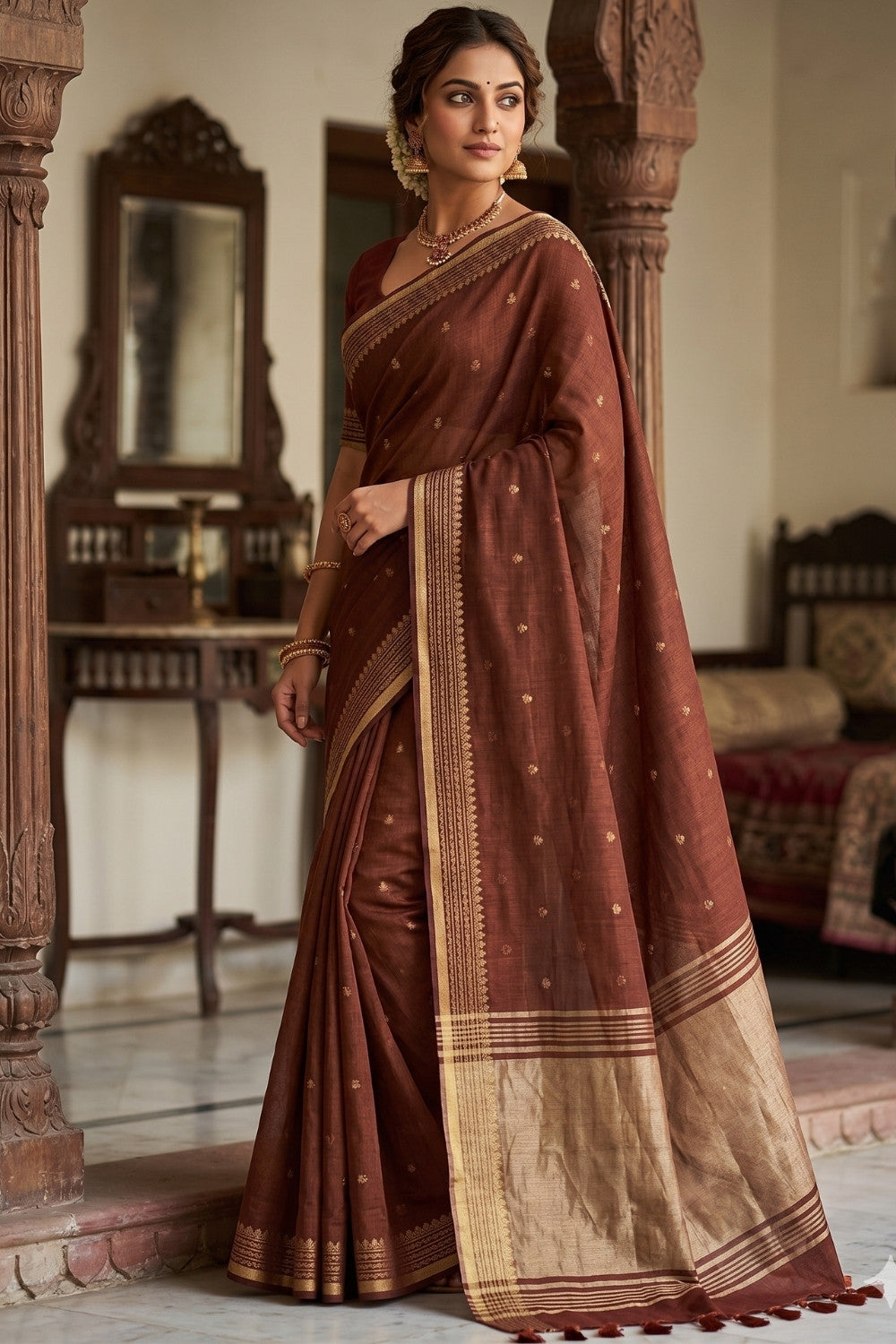 Naidu Hall Women's Rust Khadi Cotton Blend Jacquard Saree with Blouse | Lightweight Ethnic Wear Saree - G501