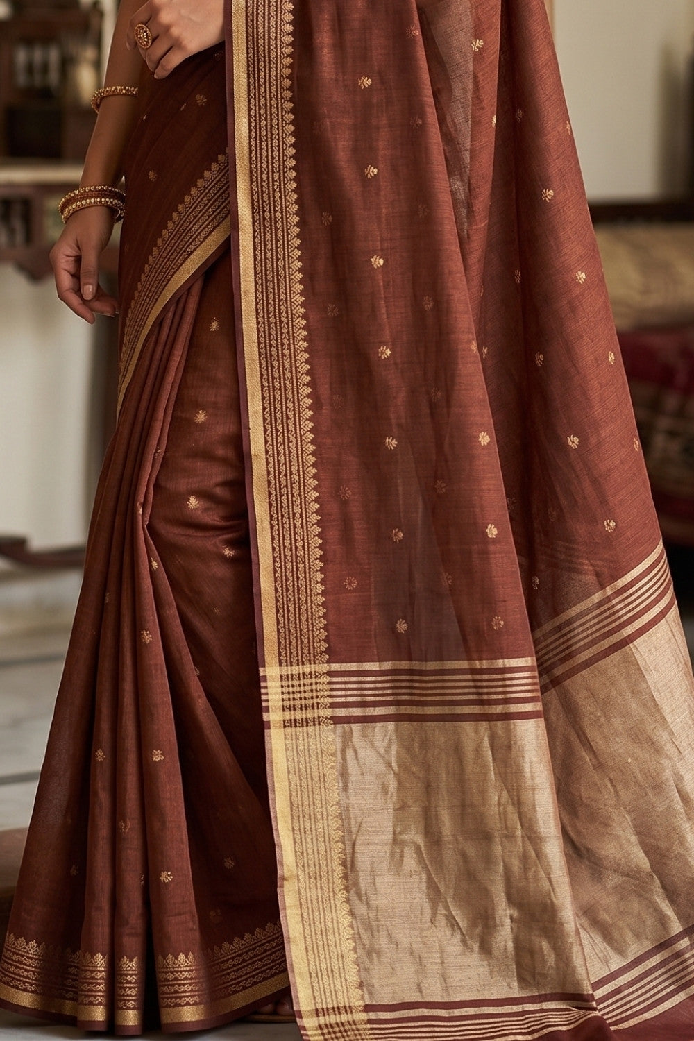 Naidu Hall Women's Rust Khadi Cotton Blend Jacquard Saree with Blouse | Lightweight Ethnic Wear Saree - G501