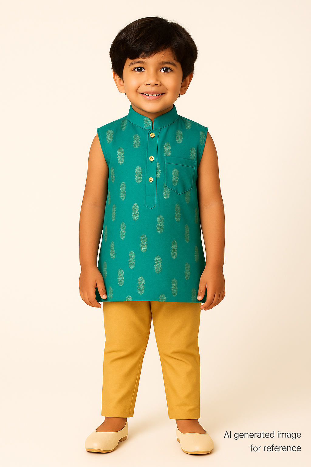 Navkrish Traditional Boy's Kurta Set Brocade Sleeveless Top with Gold Button & Straight Pants - Green - S010