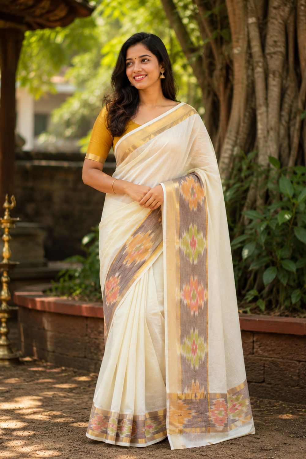 Women’s Kerala Onam Striped Saree | Cotton Blend Kerala Saree with Gold Detailing | Traditional Kasavu Style Saree for Onam & Festive Wear - Gold - 145P