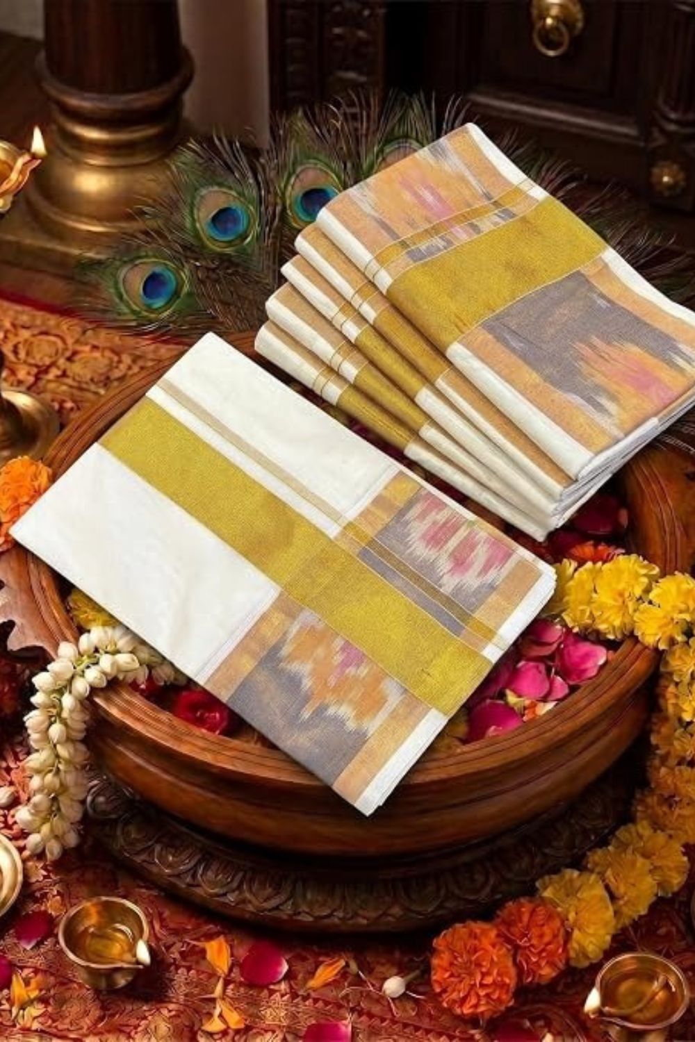 Women’s Kerala Onam Striped Saree | Cotton Blend Kerala Saree with Gold Detailing | Traditional Kasavu Style Saree for Onam & Festive Wear - Gold - 145P