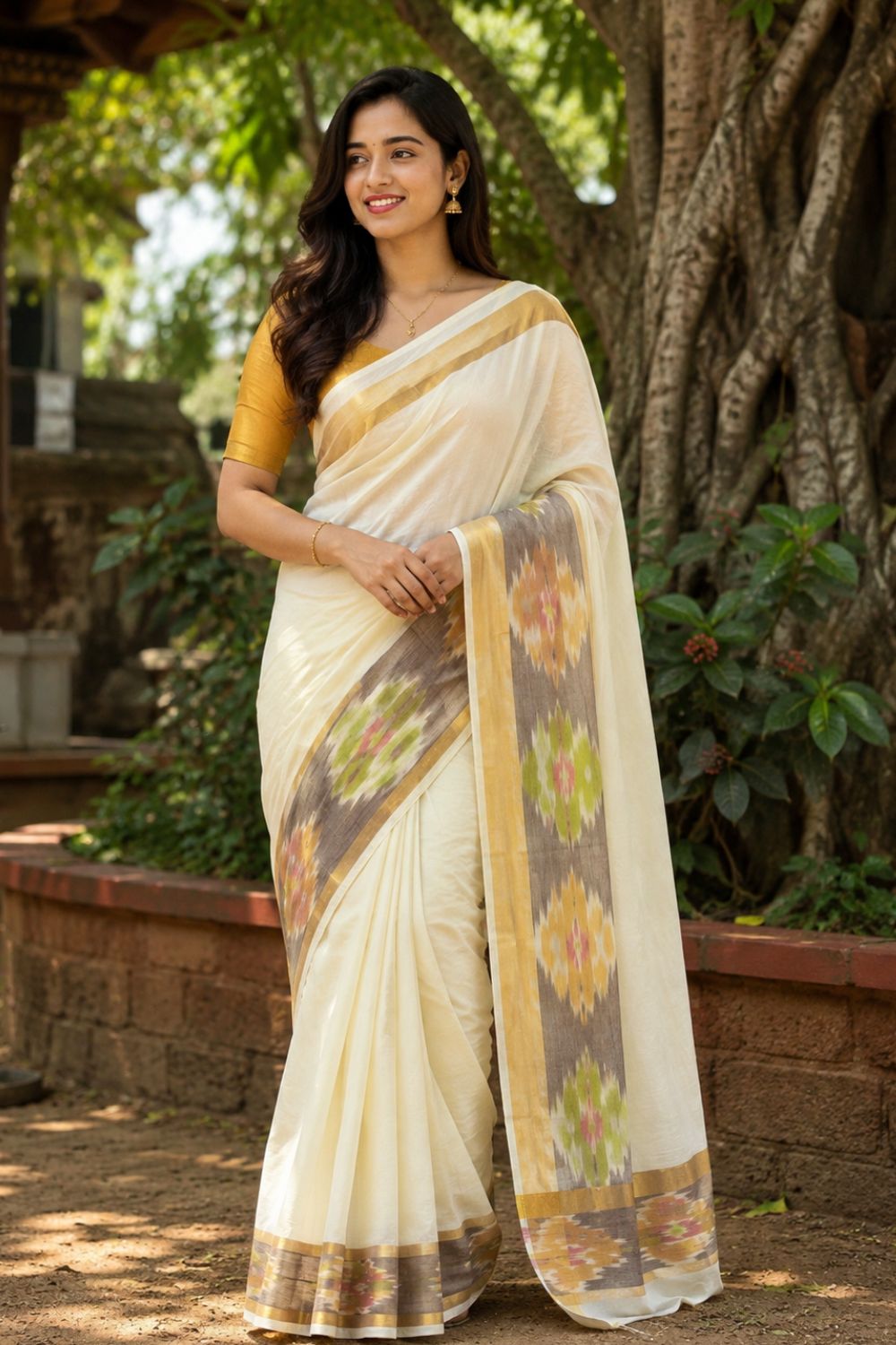 Women’s Kerala Onam Striped Saree | Cotton Blend Kerala Saree with Gold Detailing | Traditional Kasavu Style Saree for Onam & Festive Wear - Gold - 145P