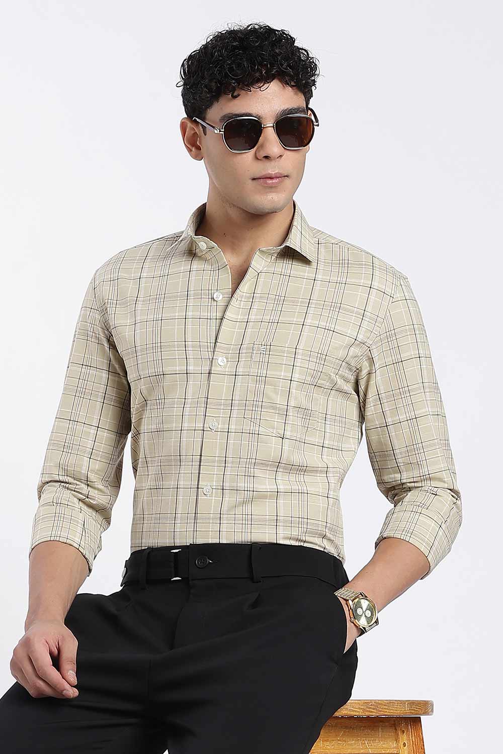 Enhance Men’s Cotton Check Shirt – Full Sleeve Casual Shirt with Button Placket & Patch Pocket | Everyday Wear - Beige - SH37-C3