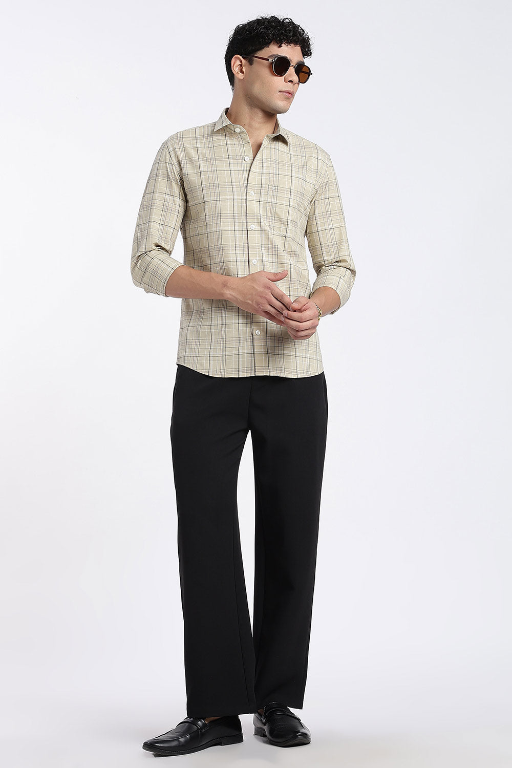 Enhance Men’s Cotton Check Shirt – Full Sleeve Casual Shirt with Button Placket & Patch Pocket | Everyday Wear - Beige - SH37-C3