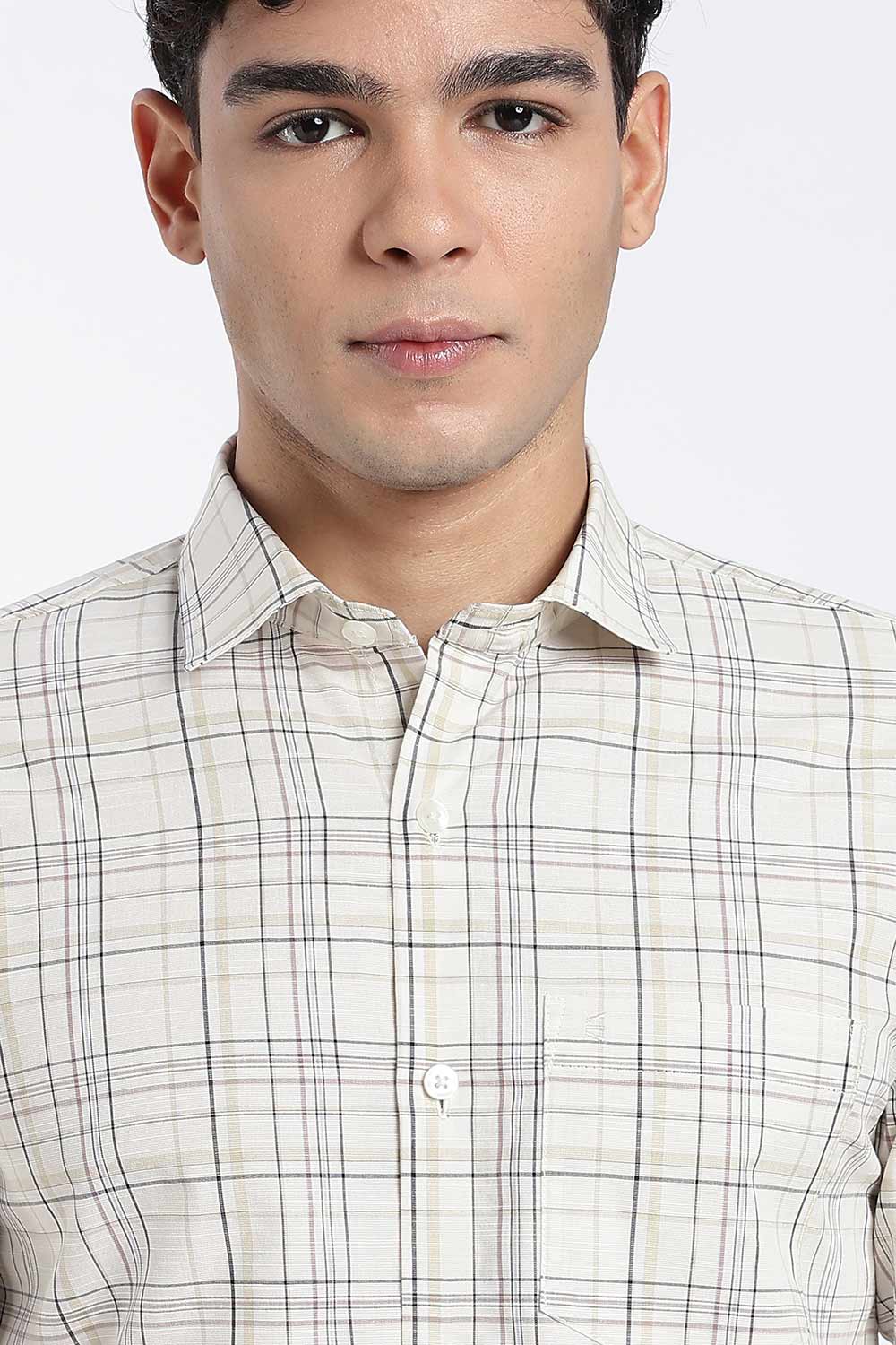 Enhance Men’s Cotton Check Shirt – Full Sleeve Casual Shirt with Button Placket & Patch Pocket | Everyday Wear - Cream - SH37-C3