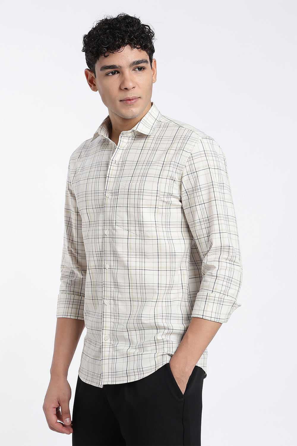 Enhance Men’s Cotton Check Shirt – Full Sleeve Casual Shirt with Button Placket & Patch Pocket | Everyday Wear - Cream - SH37-C3