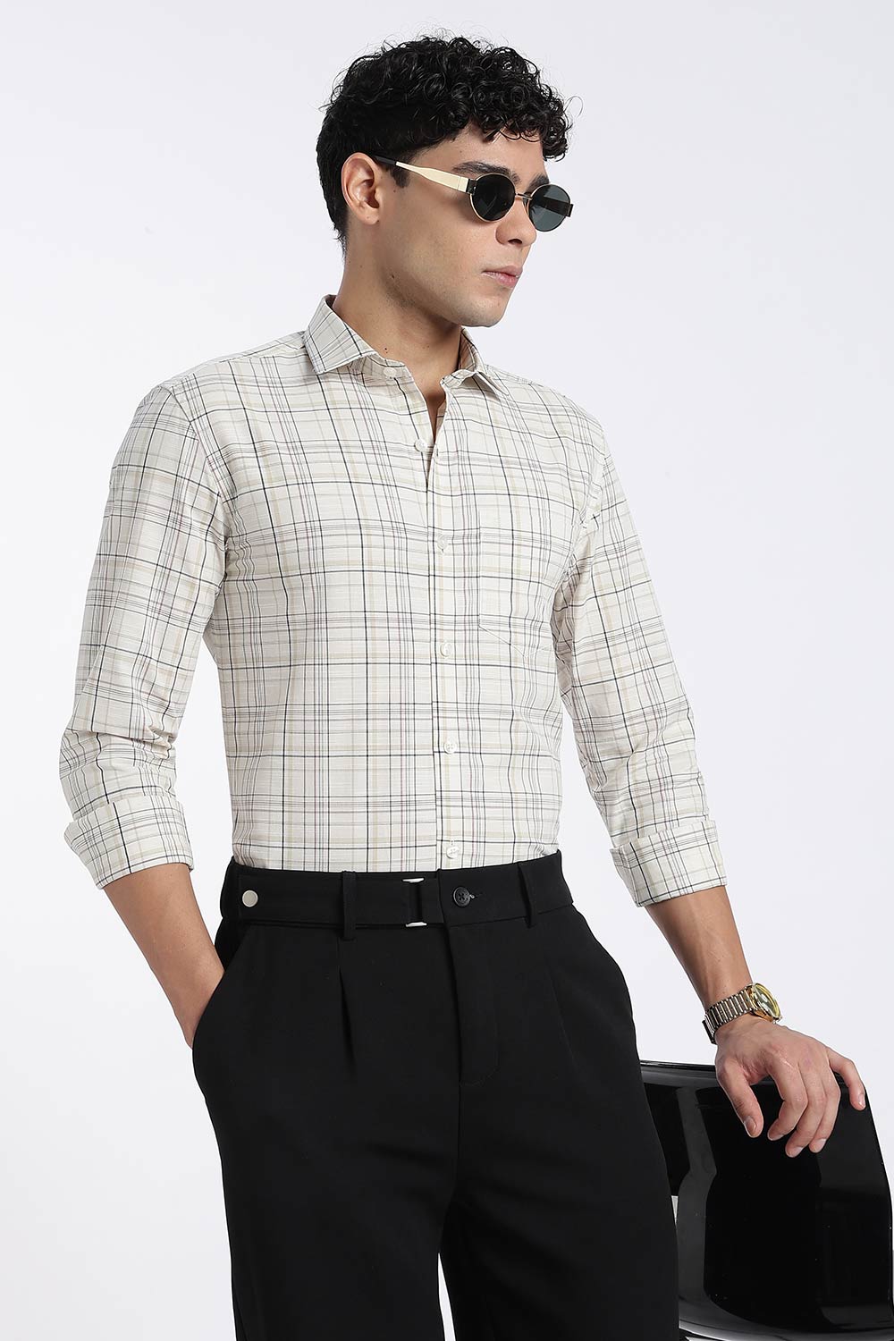 Enhance Men’s Cotton Check Shirt – Full Sleeve Casual Shirt with Button Placket & Patch Pocket | Everyday Wear - Cream - SH37-C3