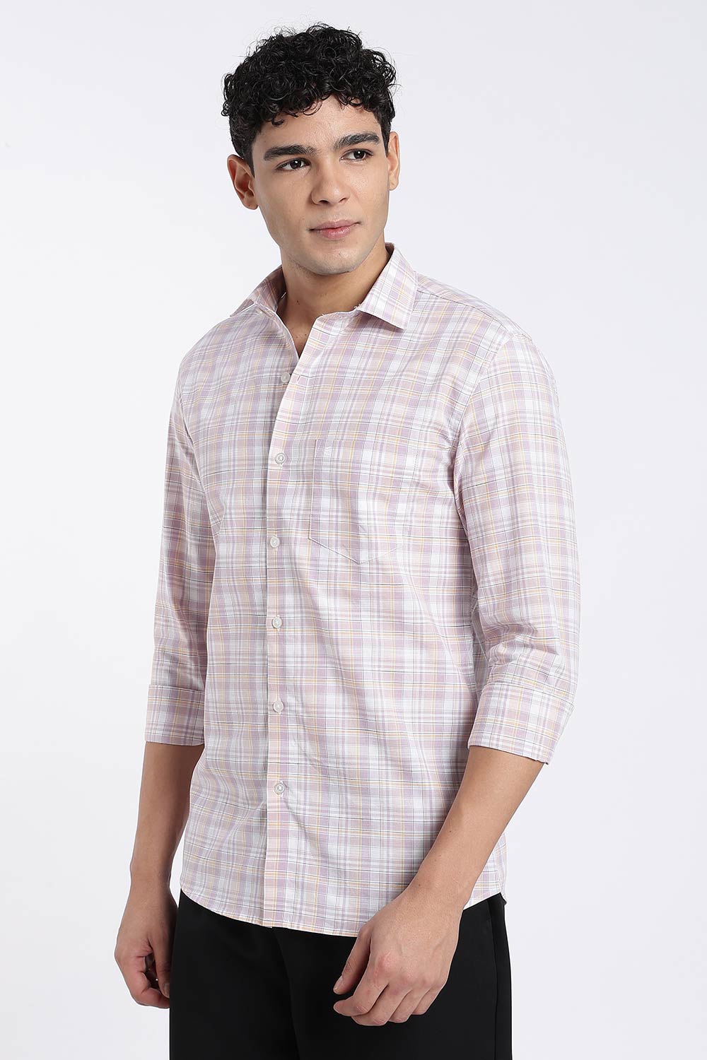 Enhance Men’s Cotton Check Shirt – Full Sleeve Casual Shirt with Button Placket & Pocket | Everyday Wear Shirt for Men - Lavender - SH37