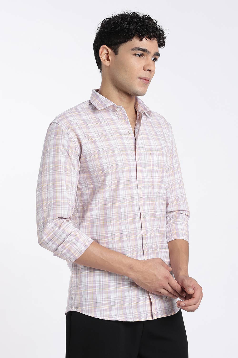 Enhance Men’s Cotton Check Shirt – Full Sleeve Casual Shirt with Button Placket & Pocket | Everyday Wear Shirt for Men - Lavender - SH37
