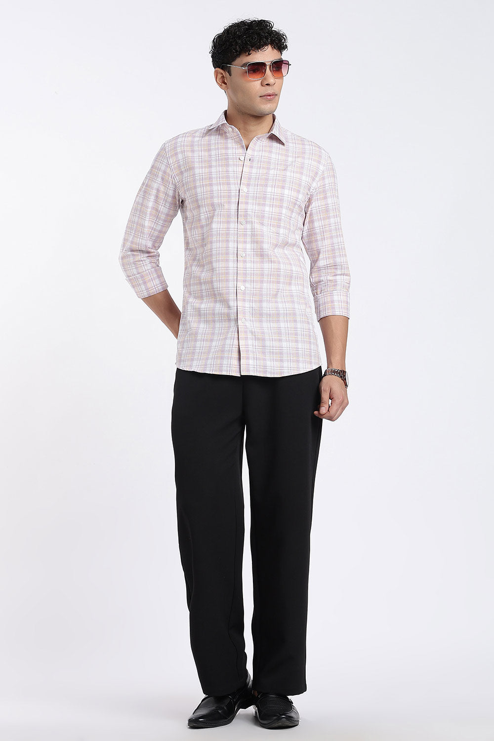 Enhance Men’s Cotton Check Shirt – Full Sleeve Casual Shirt with Button Placket & Pocket | Everyday Wear Shirt for Men - Lavender - SH37