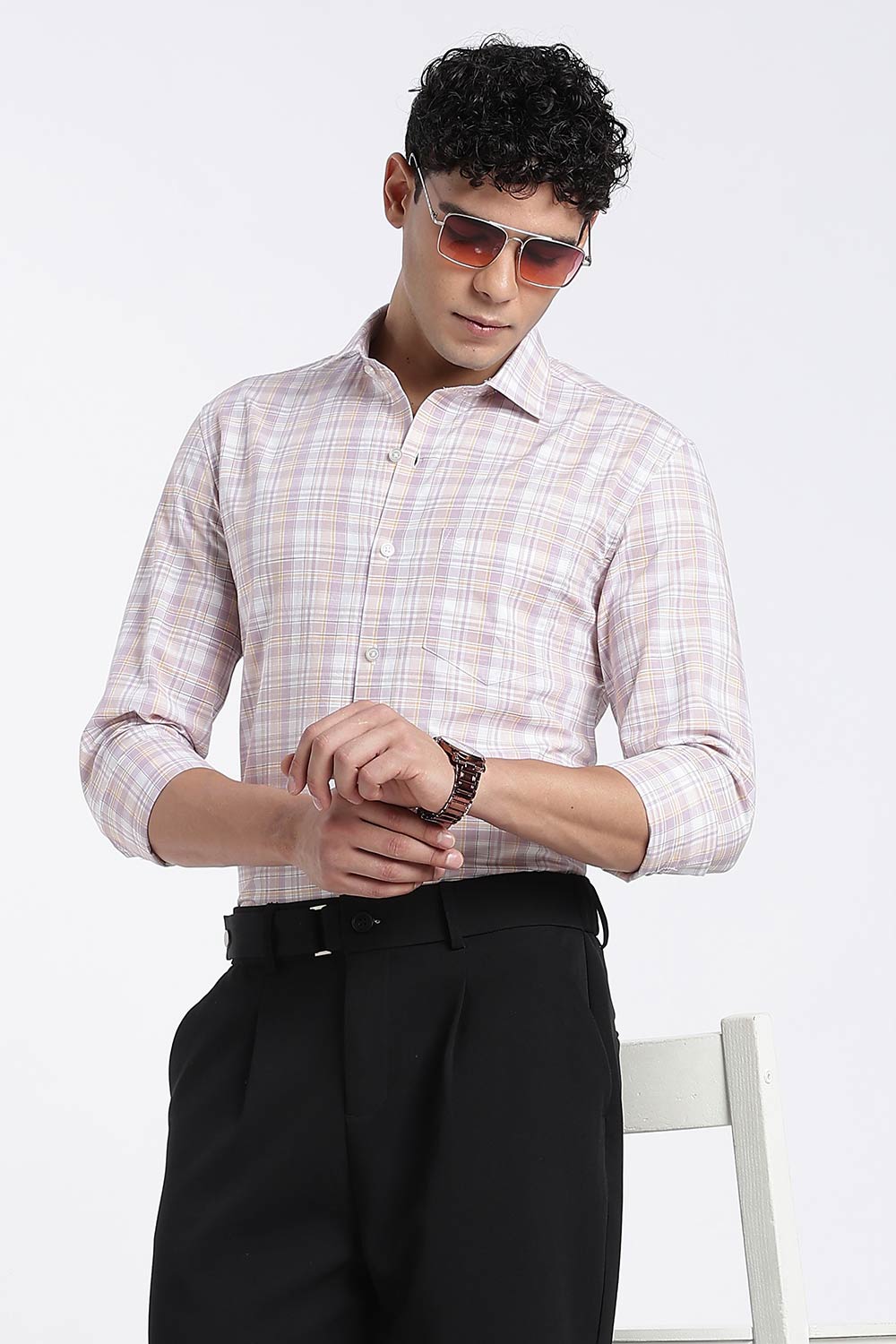 Enhance Men’s Cotton Check Shirt – Full Sleeve Casual Shirt with Button Placket & Pocket | Everyday Wear Shirt for Men - Lavender - SH37