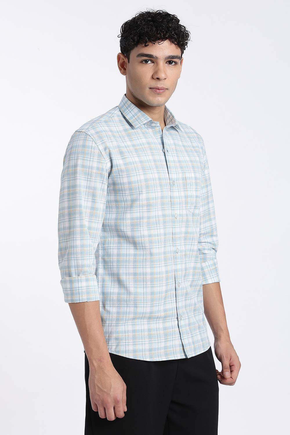 Enhance Men’s Cotton Check Shirt – Full Sleeve Casual Shirt with Button Placket & Pocket | Everyday Wear Shirt for Men - Sky Blue - SH37