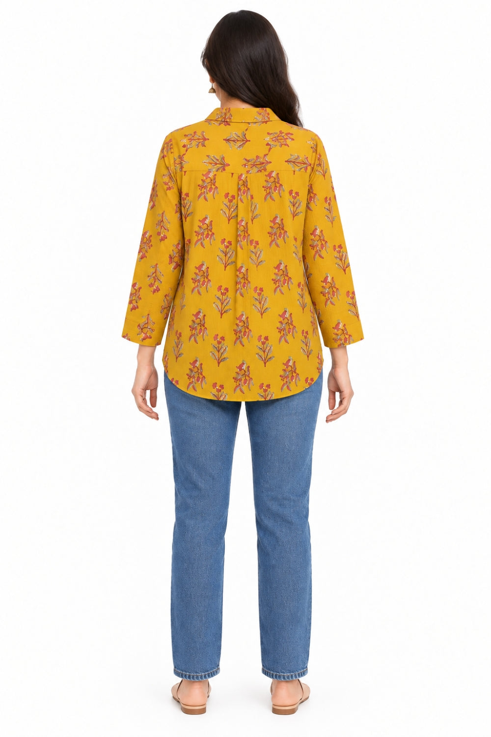 Mythri Women’s Cotton Block Printed Short Top | Shirt Collar Front Pleat Long Sleeve Casual Top - SH23