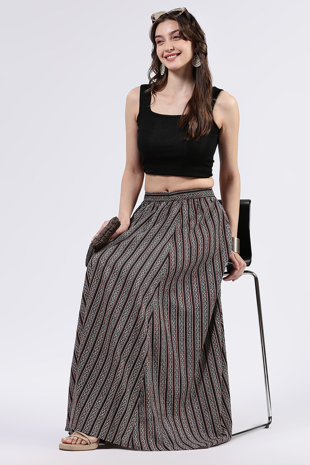 Mythri Women’s Cotton Blend Butta Stripe Kali Skirt with Elastic Waistband Full Length - Black 1 - SK05