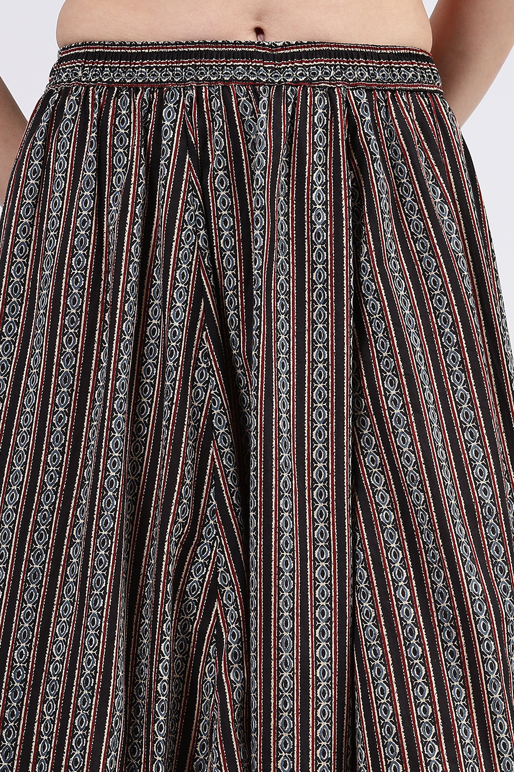 Mythri Women’s Cotton Blend Butta Stripe Kali Skirt with Elastic Waistband Full Length - Black 1 - SK05