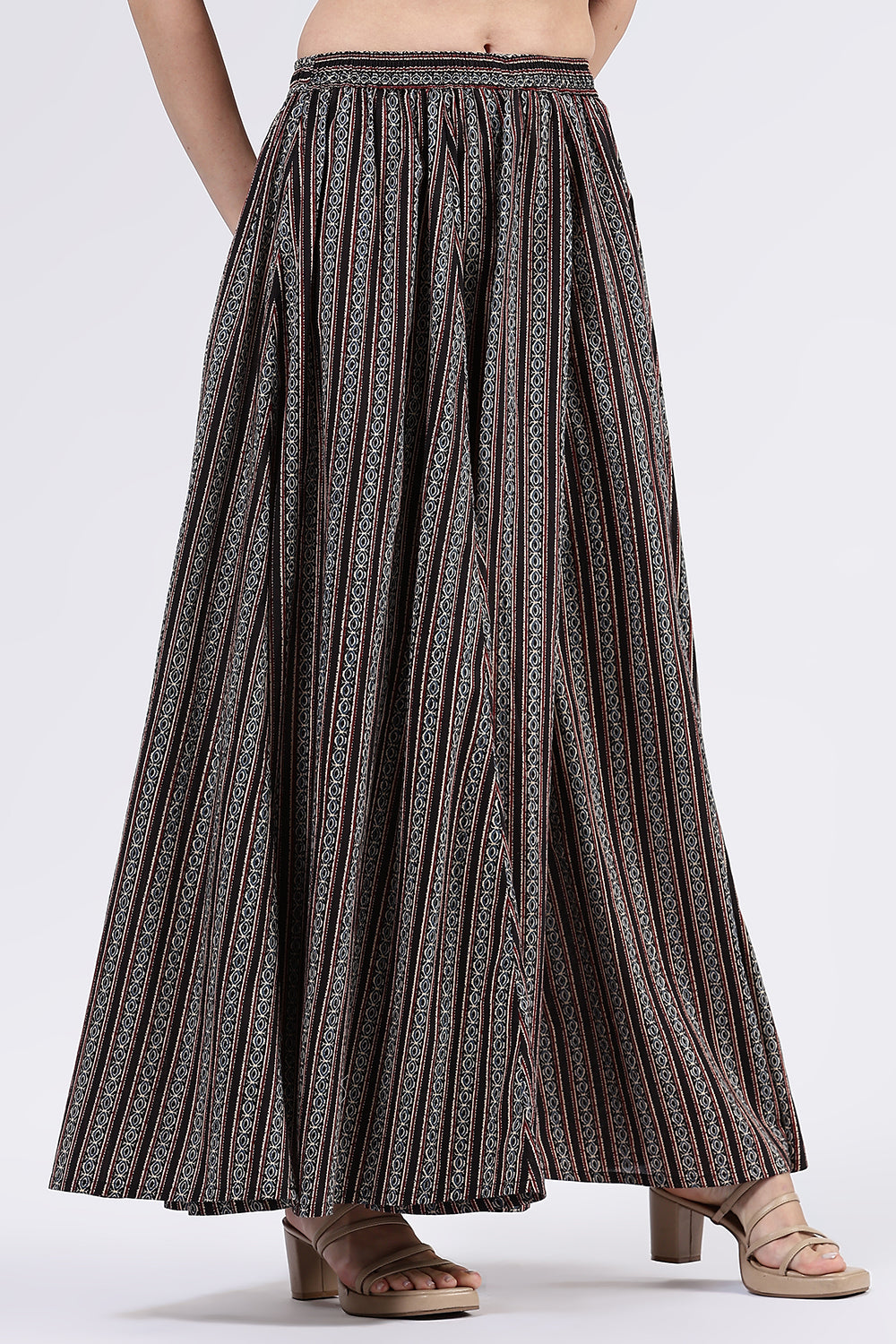 Mythri Women’s Cotton Blend Butta Stripe Kali Skirt with Elastic Waistband Full Length - Black 1 - SK05