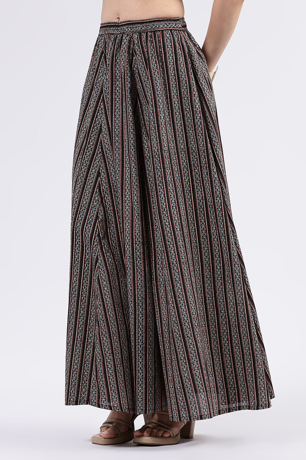 Mythri Women’s Cotton Blend Butta Stripe Kali Skirt with Elastic Waistband Full Length - Black 1 - SK05