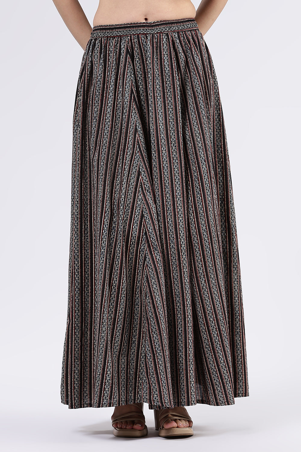 Mythri Women’s Cotton Blend Butta Stripe Kali Skirt with Elastic Waistband Full Length - Black 1 - SK05