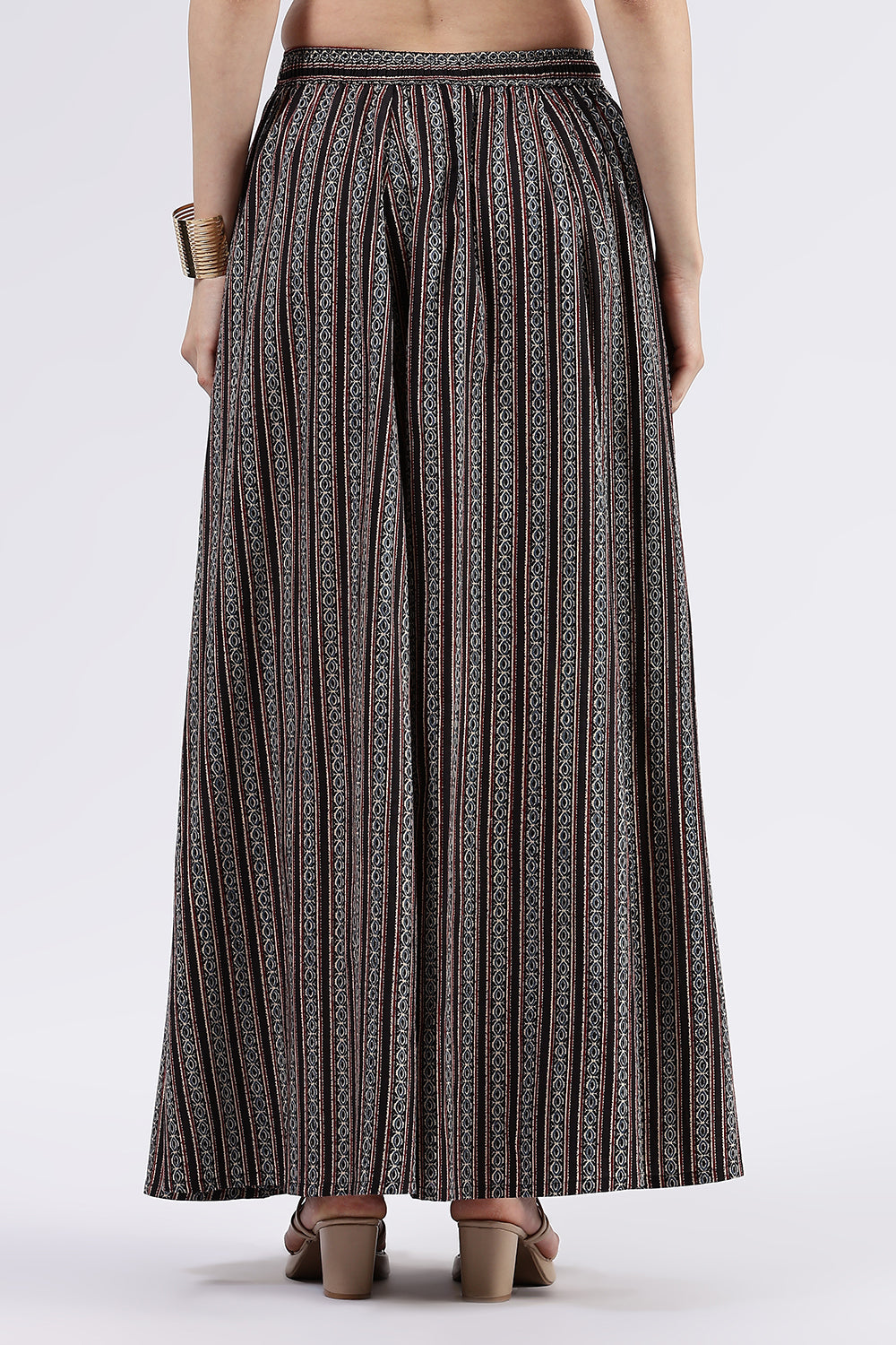 Mythri Women’s Cotton Blend Butta Stripe Kali Skirt with Elastic Waistband Full Length - Black 1 - SK05