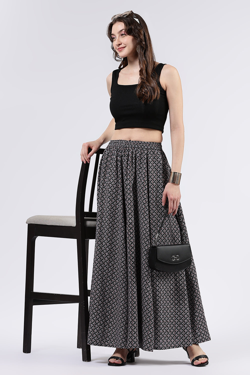 Mythri Women’s Cotton Blend Butta Stripe Kali Skirt with Elastic Waistband Full Length - Black - SK05