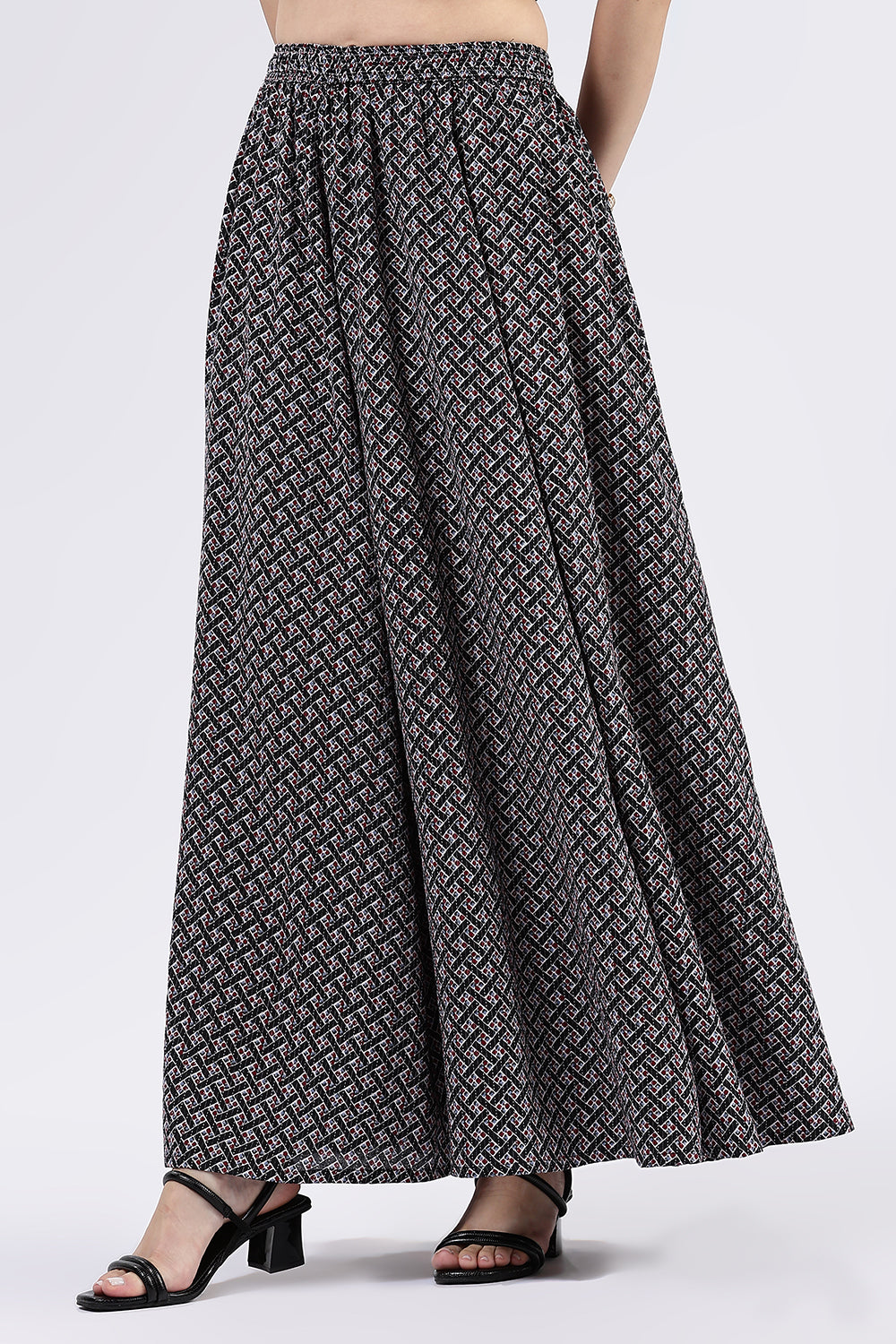 Mythri Women’s Cotton Blend Butta Stripe Kali Skirt with Elastic Waistband Full Length - Black - SK05