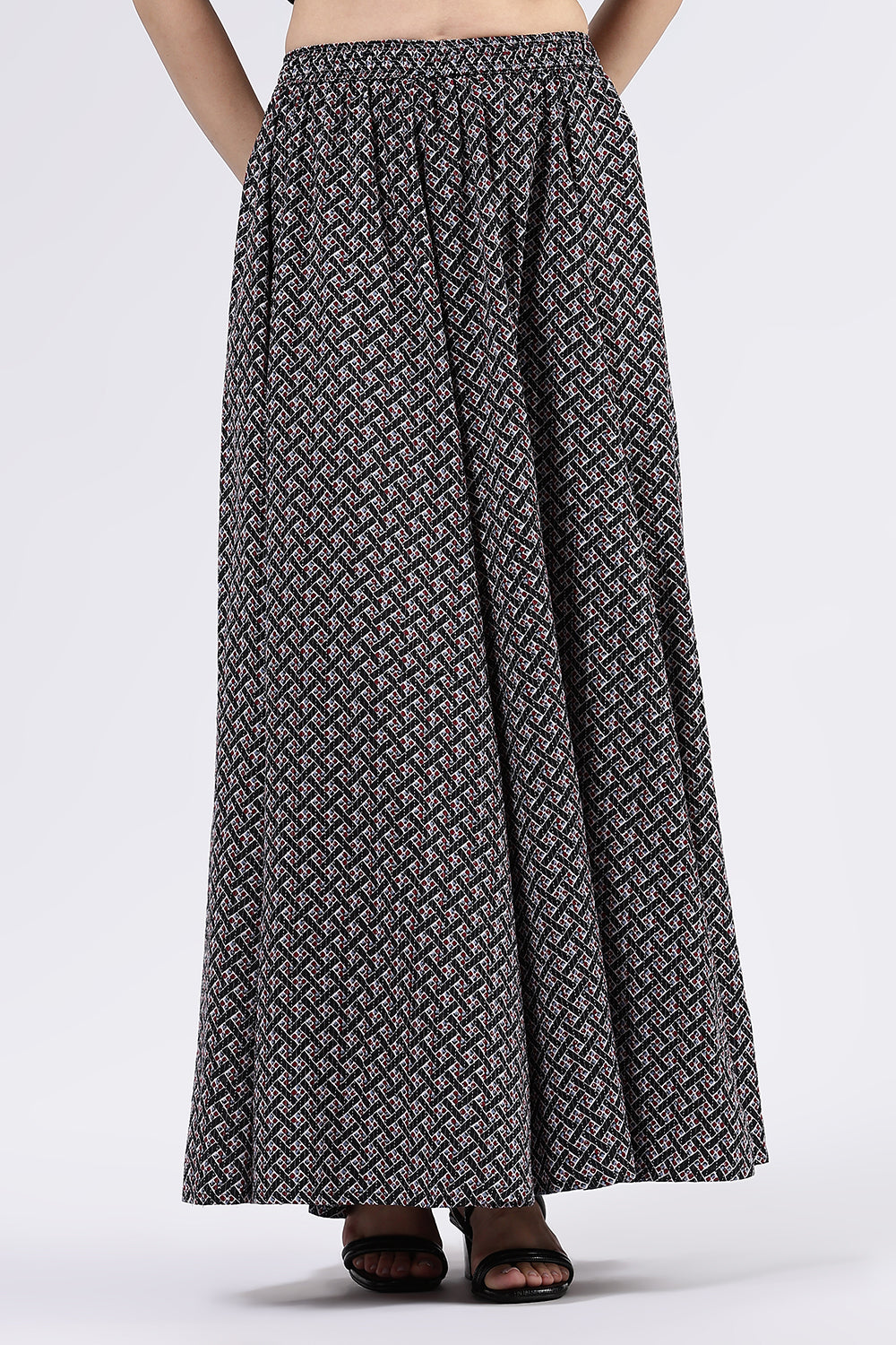 Mythri Women’s Cotton Blend Butta Stripe Kali Skirt with Elastic Waistband Full Length - Black - SK05
