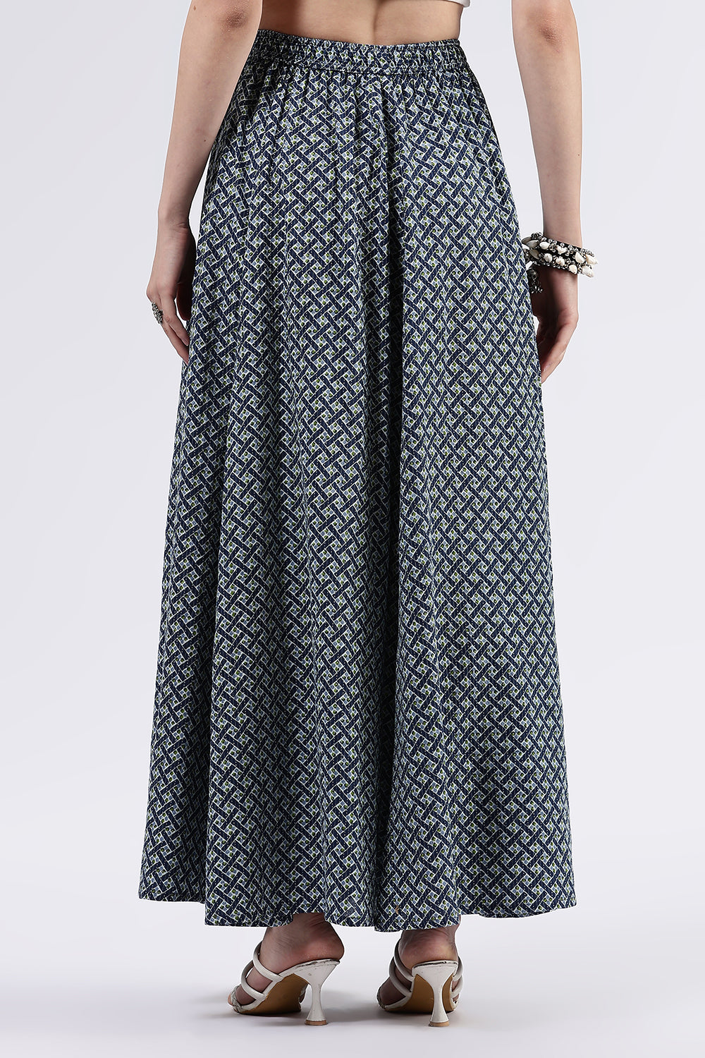 Mythri Women’s Cotton Blend Butta Stripe Kali Skirt with Elastic Waistband Full Length - Blue - SK05