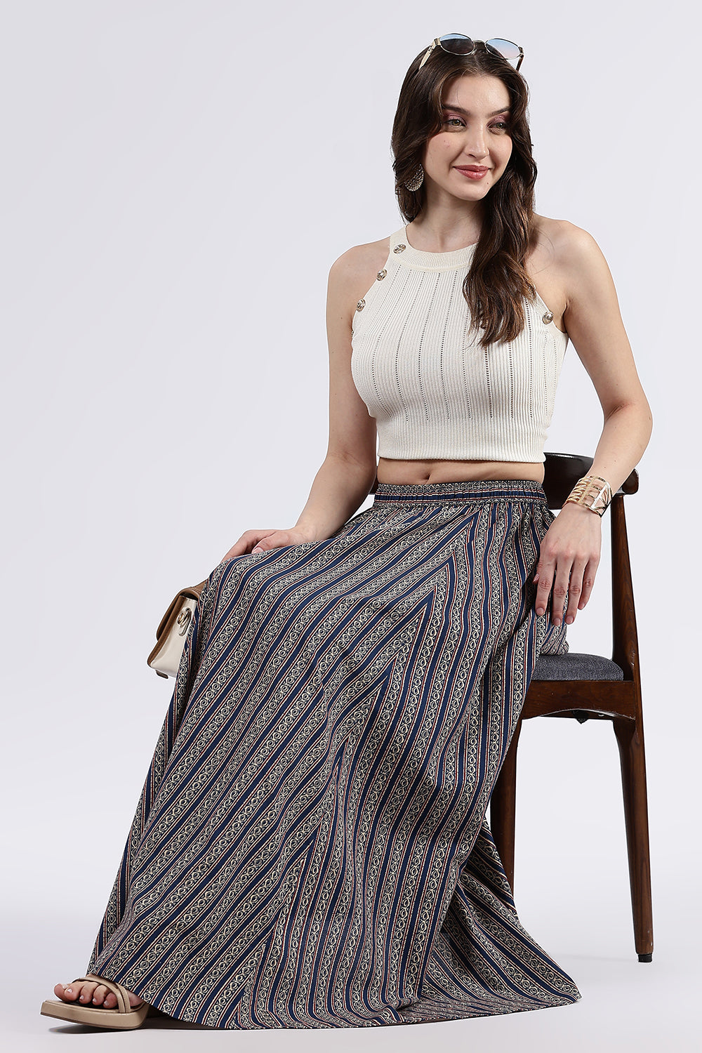 Mythri Women’s Cotton Blend Butta Stripe Kali Skirt with Elastic Waistband Full Length - Blue 1 - SK05