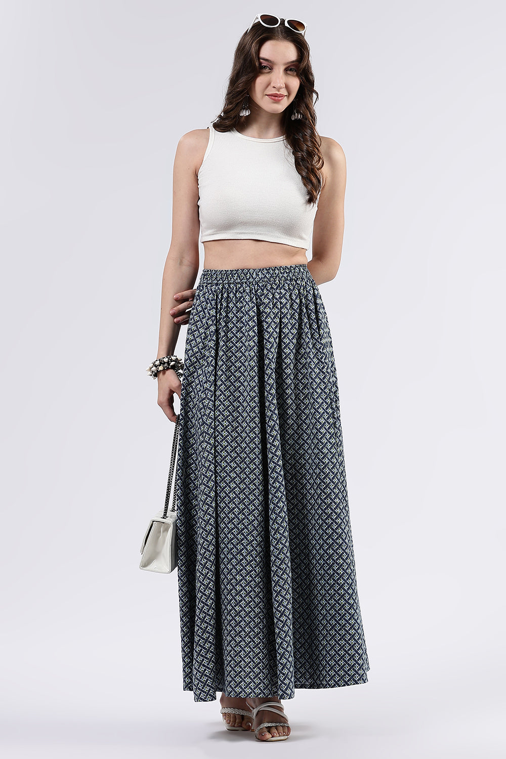 Mythri Women’s Cotton Blend Butta Stripe Kali Skirt with Elastic Waistband Full Length - Blue - SK05