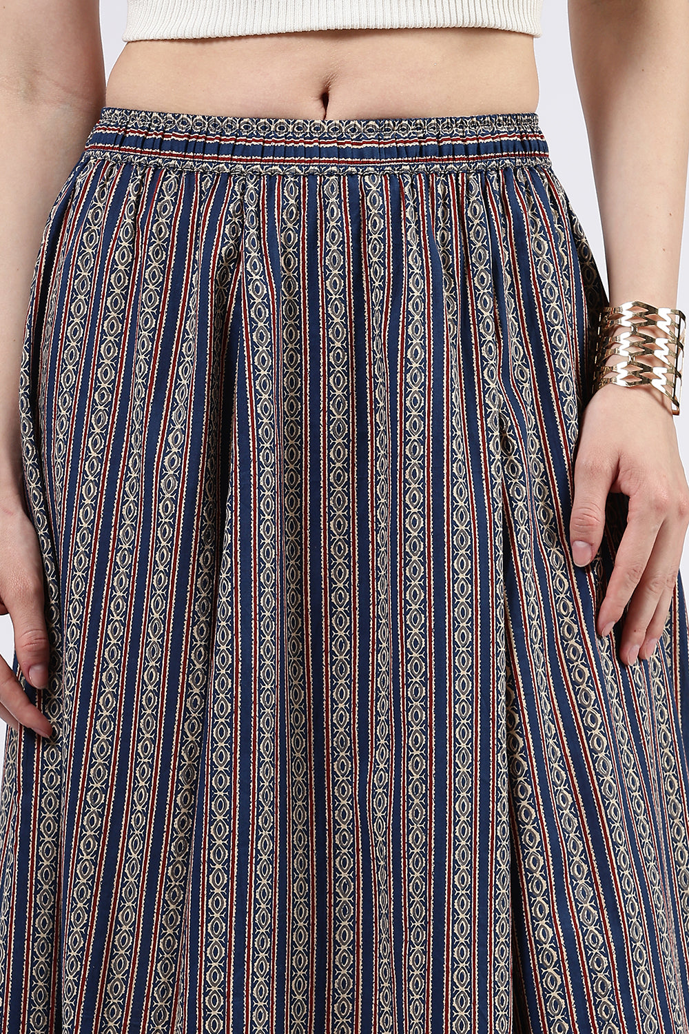 Mythri Women’s Cotton Blend Butta Stripe Kali Skirt with Elastic Waistband Full Length - Blue 1 - SK05