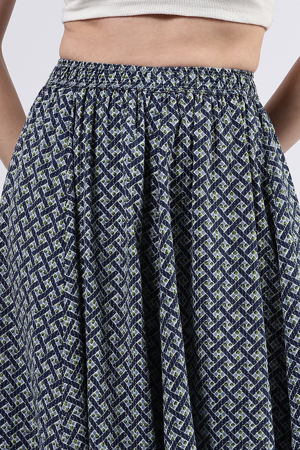 Mythri Women’s Cotton Blend Butta Stripe Kali Skirt with Elastic Waistband Full Length - Blue - SK05