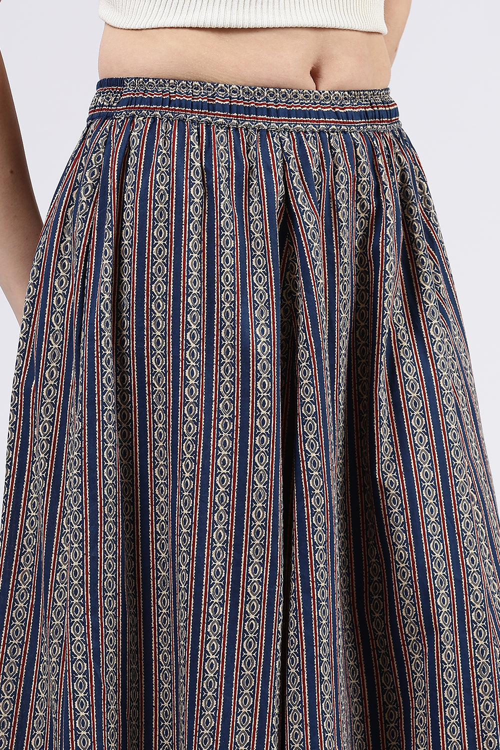 Mythri Women’s Cotton Blend Butta Stripe Kali Skirt with Elastic Waistband Full Length - Blue 1 - SK05